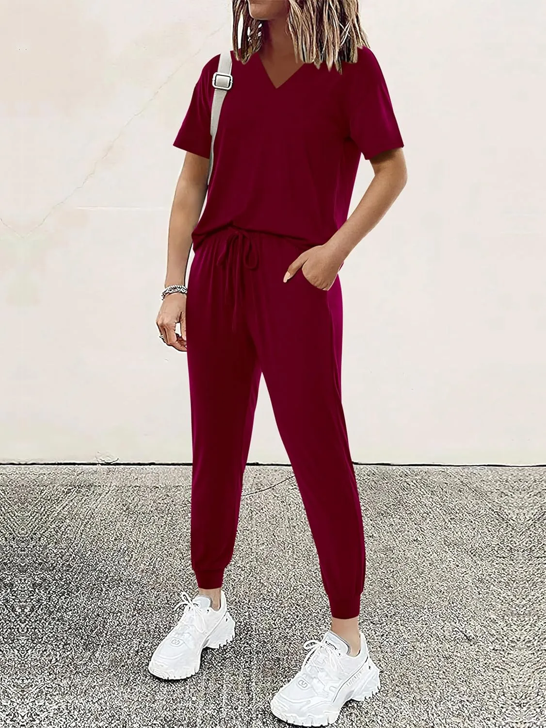 MASCOMODA Womens 2 Piece Outfits Summer Casual V Neck Short Sleeve Tops Long Pants Tracksuit Lounge Jogger Set with Pockets