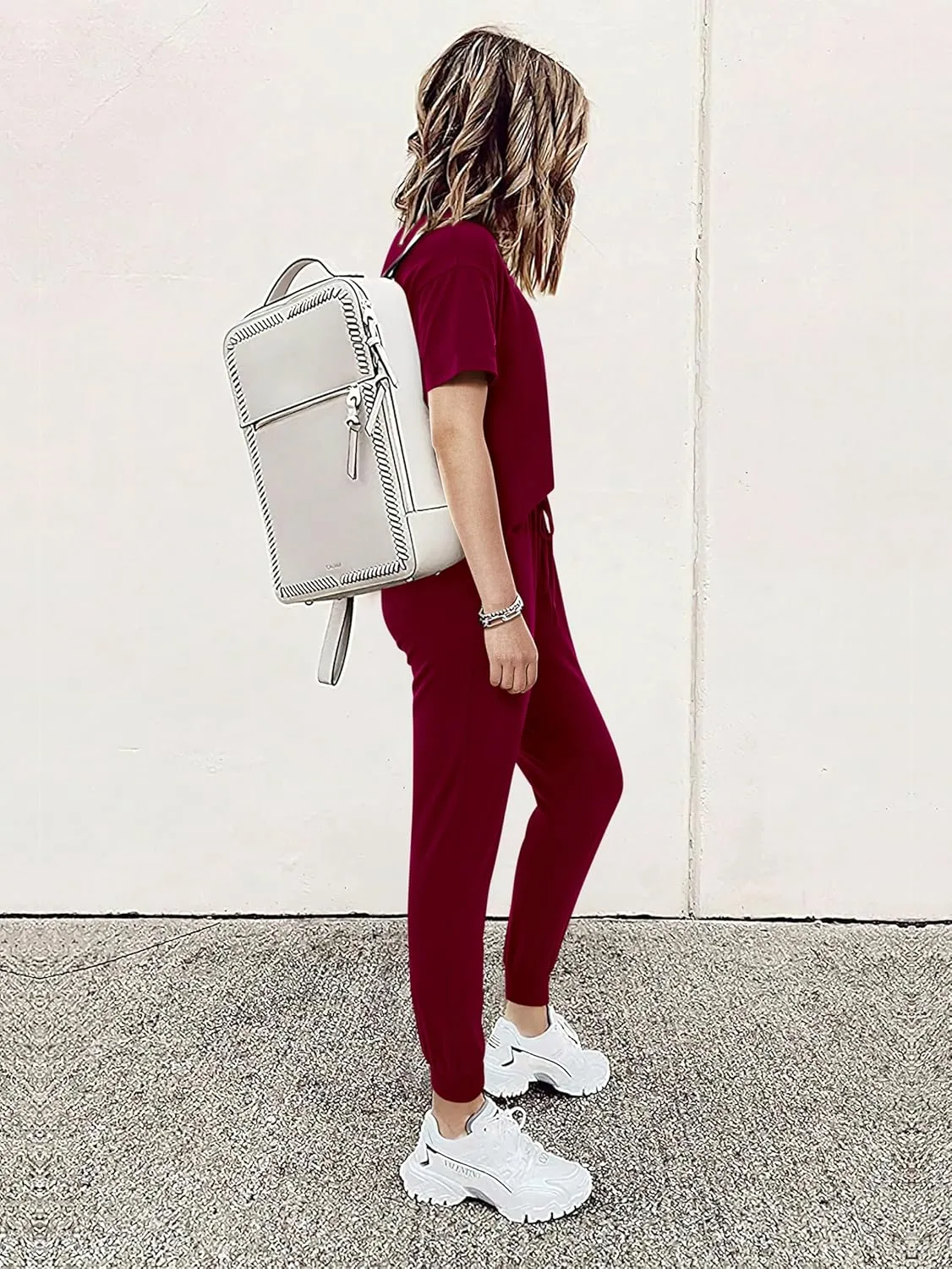 MASCOMODA Womens 2 Piece Outfits Summer Casual V Neck Short Sleeve Tops Long Pants Tracksuit Lounge Jogger Set with Pockets