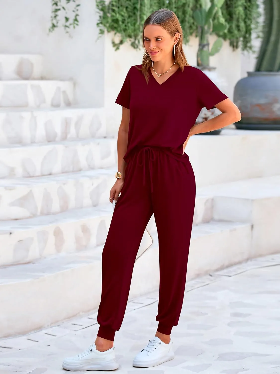 MASCOMODA Womens 2 Piece Outfits Summer Casual V Neck Short Sleeve Tops Long Pants Tracksuit Lounge Jogger Set with Pockets