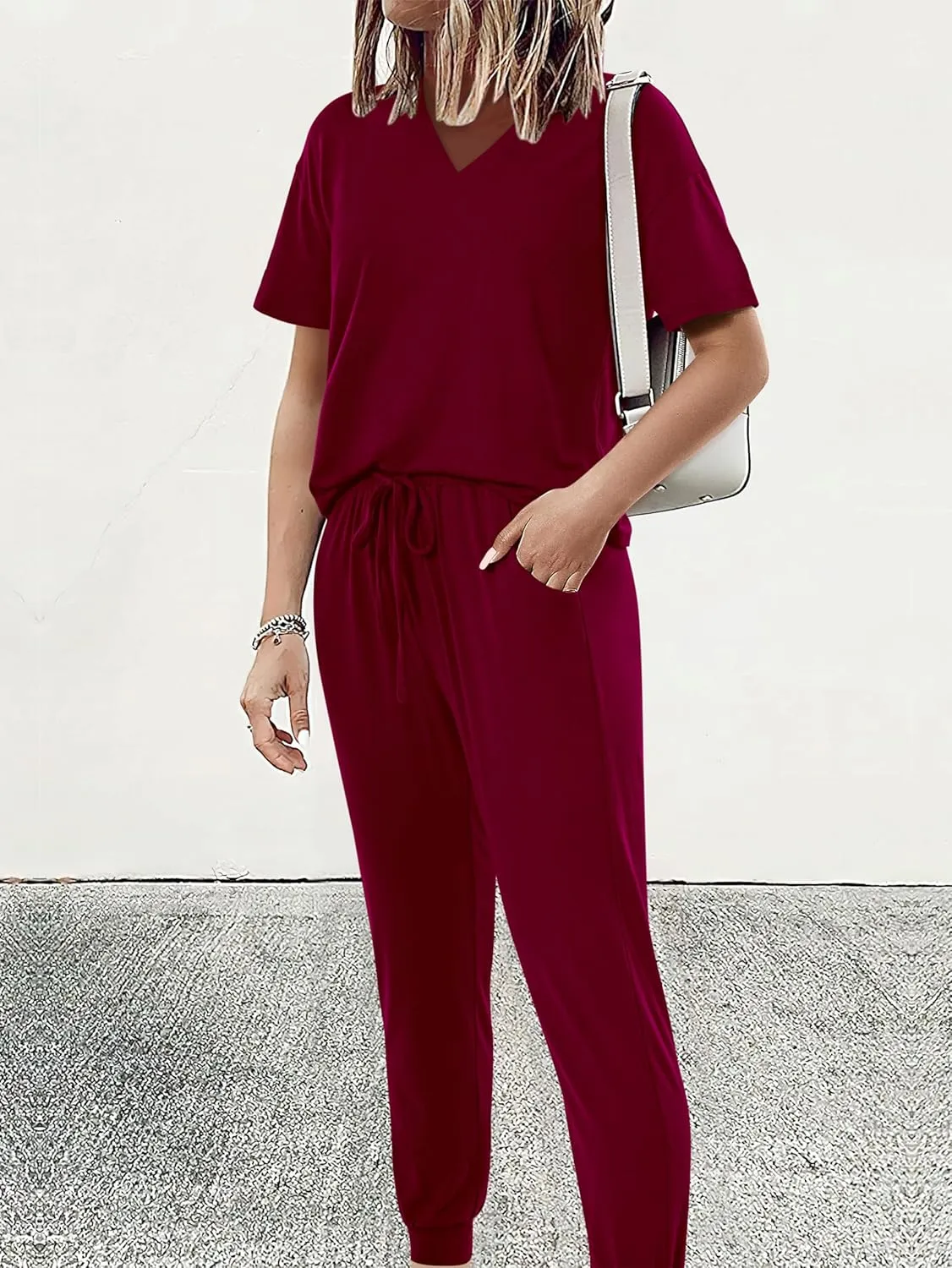 MASCOMODA Womens 2 Piece Outfits Summer Casual V Neck Short Sleeve Tops Long Pants Tracksuit Lounge Jogger Set with Pockets