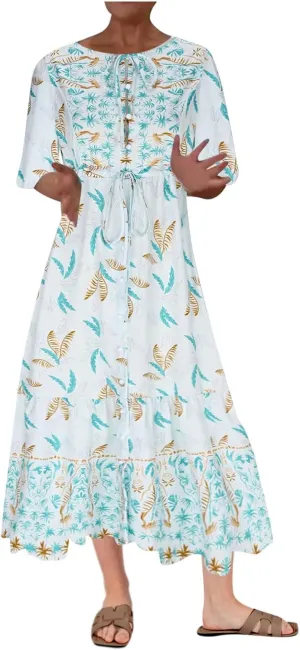 Maxi Dresses for Women Short Sleeve Boho Floral Print Button T Shirt Dress Casual Ruffle Loose Long Tunic Dresses