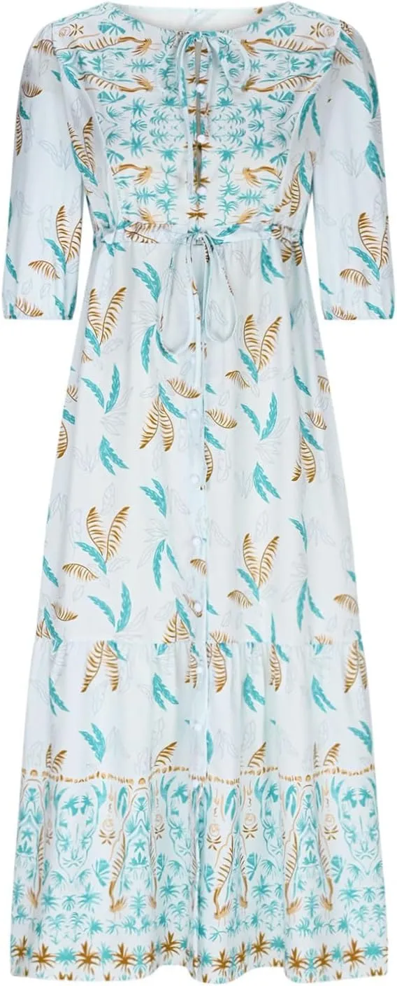 Maxi Dresses for Women Short Sleeve Boho Floral Print Button T Shirt Dress Casual Ruffle Loose Long Tunic Dresses