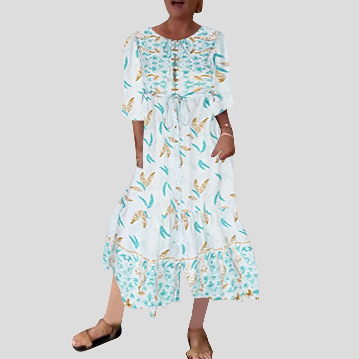 Maxi Dresses for Women Short Sleeve Boho Floral Print Button T Shirt Dress Casual Ruffle Loose Long Tunic Dresses