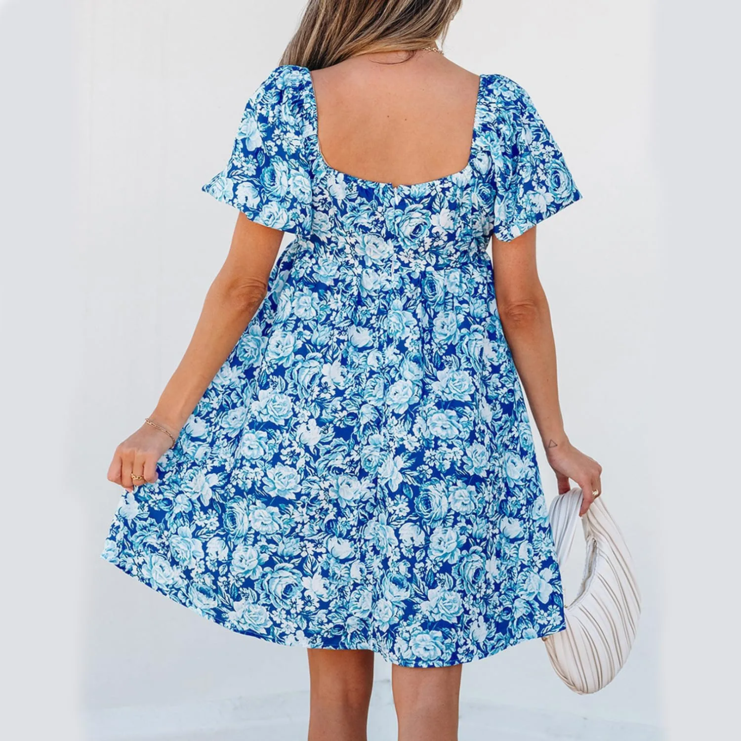 Melliflo Women Summer Boho Floral Print Mini Dress Square Neck Puff Short Sleeve Sundress High Waist Loose Fit Beach Dresses