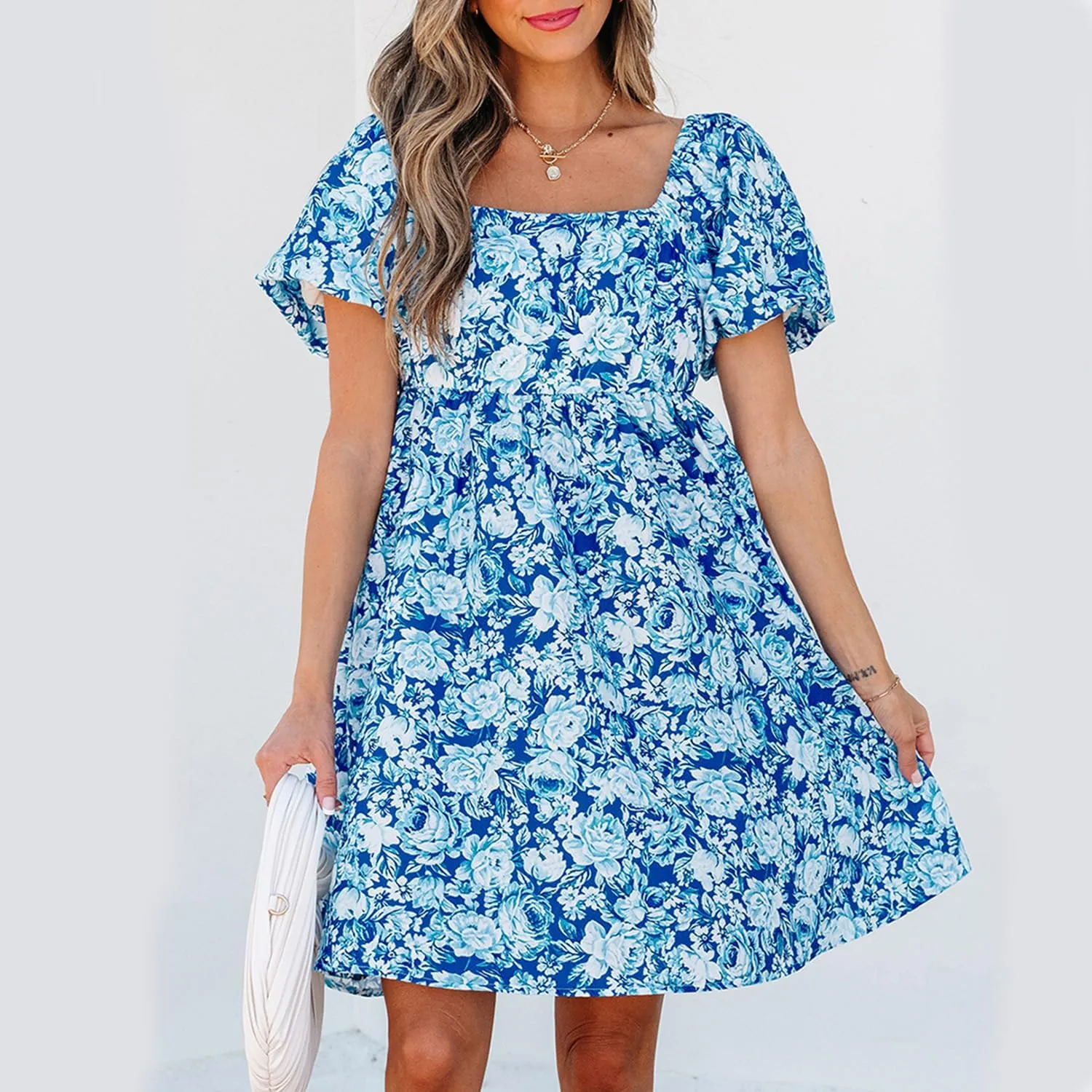 Melliflo Women Summer Boho Floral Print Mini Dress Square Neck Puff Short Sleeve Sundress High Waist Loose Fit Beach Dresses