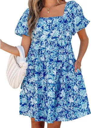 Melliflo Women Summer Boho Floral Print Mini Dress Square Neck Puff Short Sleeve Sundress High Waist Loose Fit Beach Dresses