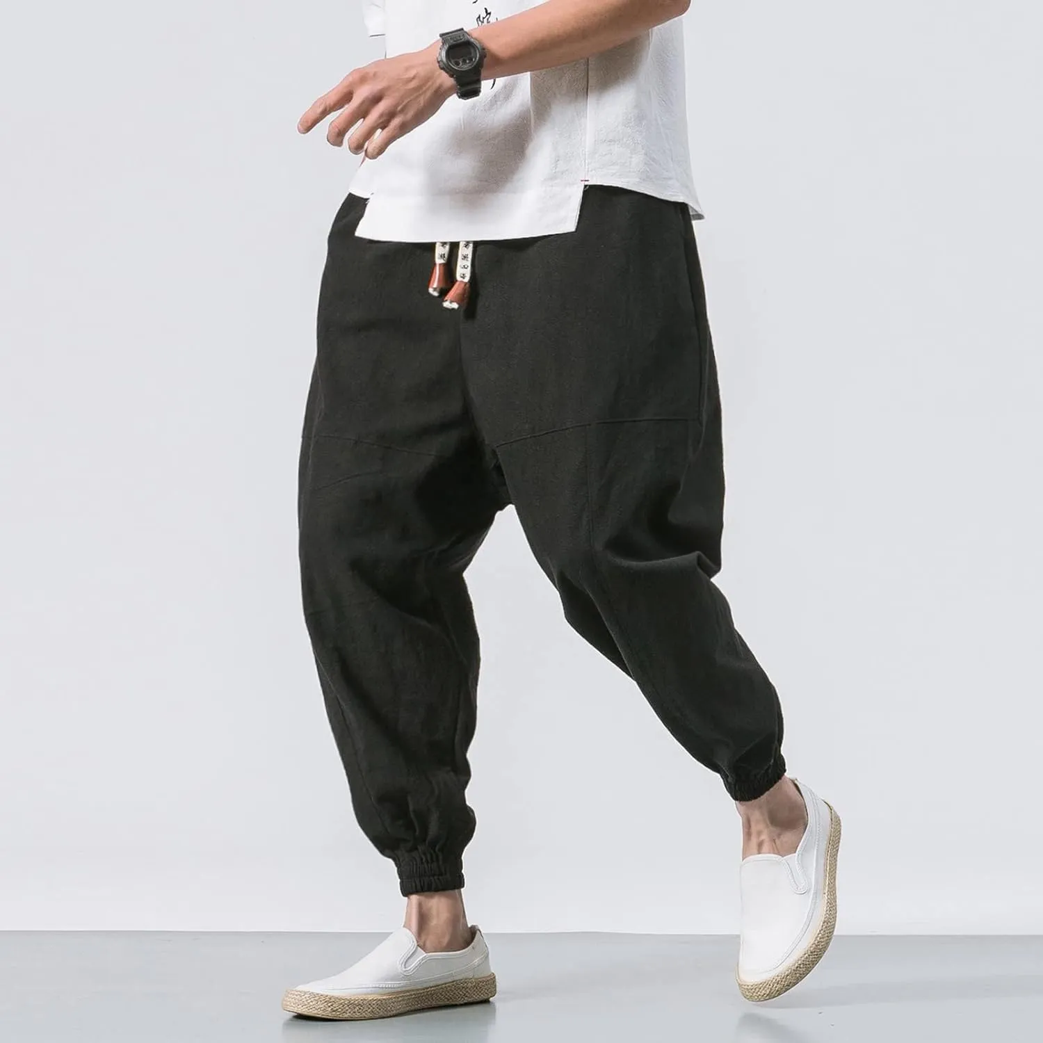 Men's Cargo Sweatpants Pants Mid Trousers Solid Cotton Casual Drawstring Men Elastic Waist with Pockets Athletic