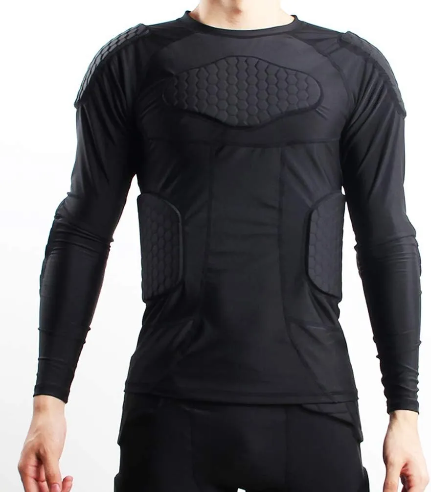 Mens Long Sleeve Compression Padded Protective Shirt Rib Shoulder Elbow Back Chest Protector