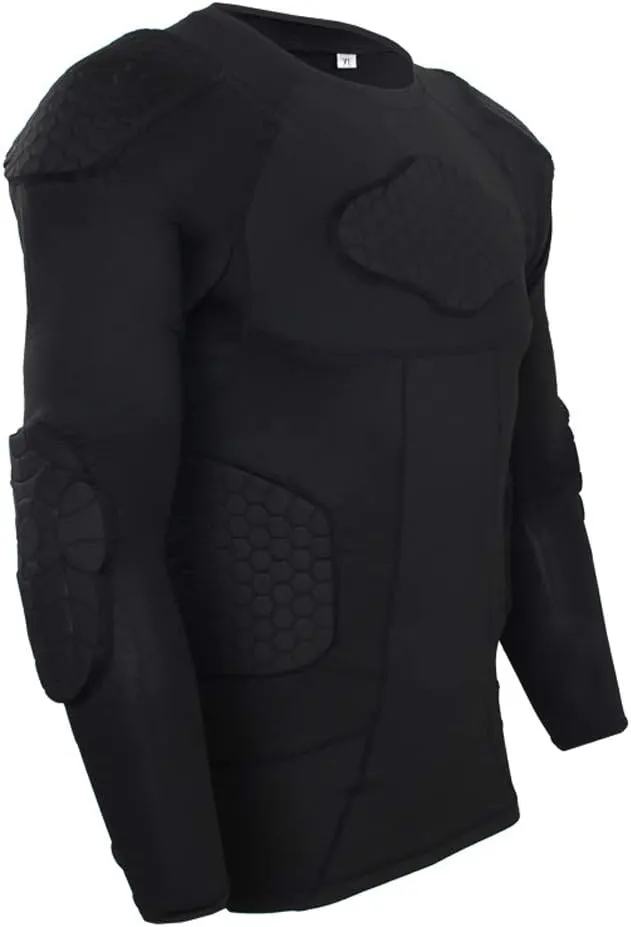 Mens Long Sleeve Compression Padded Protective Shirt Rib Shoulder Elbow Back Chest Protector