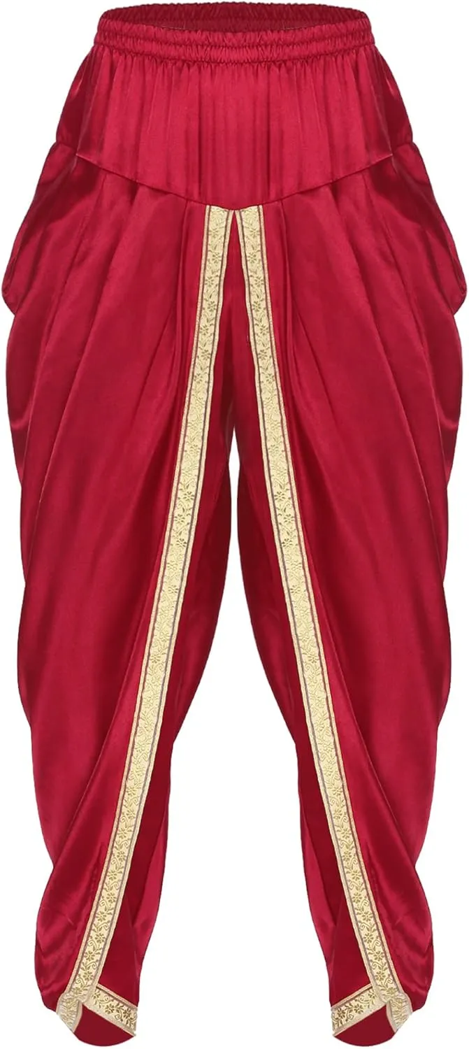 Mens Satin Harem Pants Casual Elastic Waist Pants Baggy Boho Summer Beach Dhoti Trousers