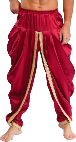 Mens Satin Harem Pants Casual Elastic Waist Pants Baggy Boho Summer Beach Dhoti Trousers