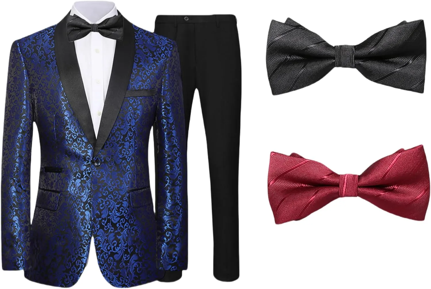 Mens Suit Set 4 Piece Floral Tuxedo for Men Wedding Suit Prom Party Dinner Jacket and Pants Set with Two Bow-Ties