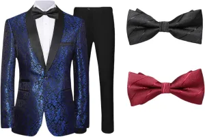 Mens Suit Set 4 Piece Floral Tuxedo for Men Wedding Suit Prom Party Dinner Jacket and Pants Set with Two Bow-Ties