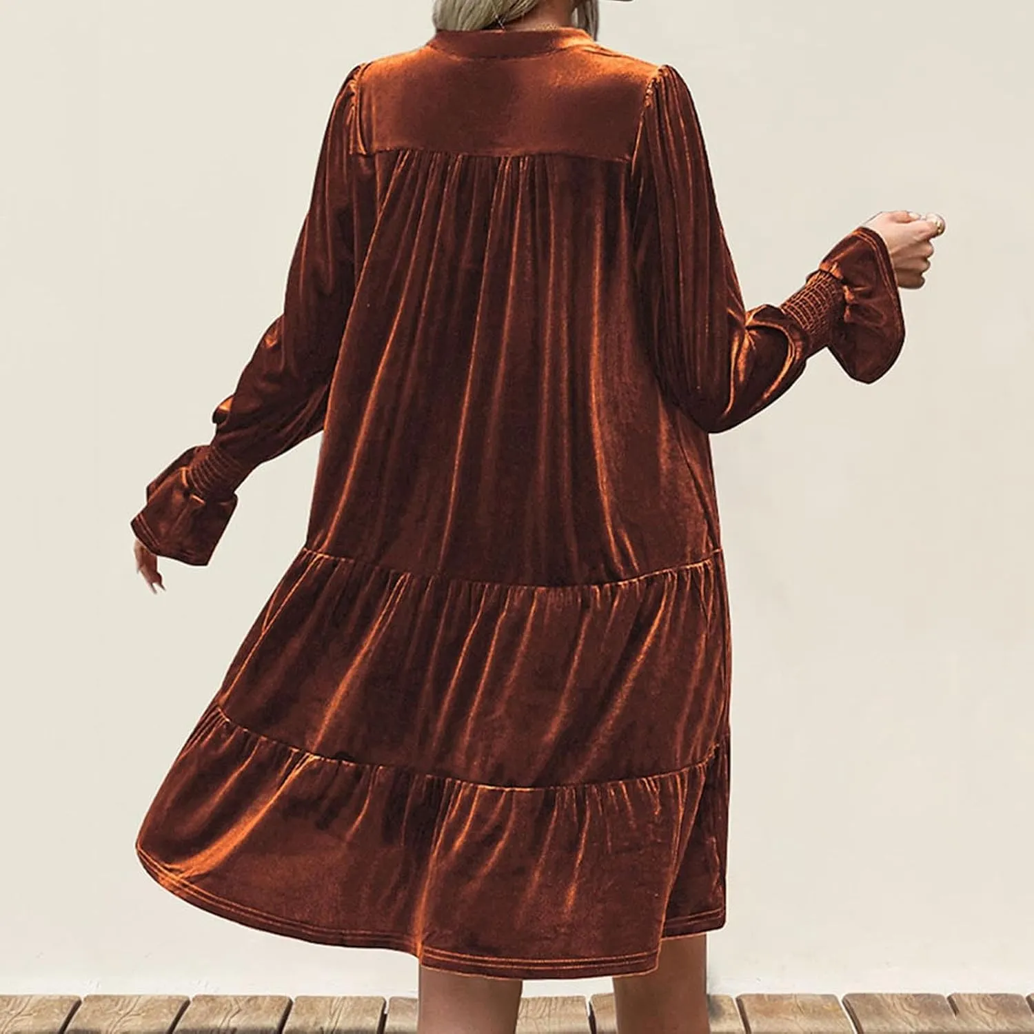 Mini Dresses for Women Women's V Neck Long Sleeve Fashion Casual A Line Ruffle Pleated Knee Length Mini Dress 2024