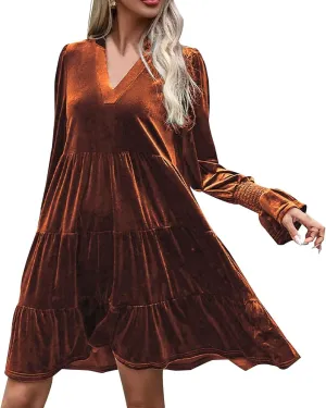 Mini Dresses for Women Women's V Neck Long Sleeve Fashion Casual A Line Ruffle Pleated Knee Length Mini Dress 2024