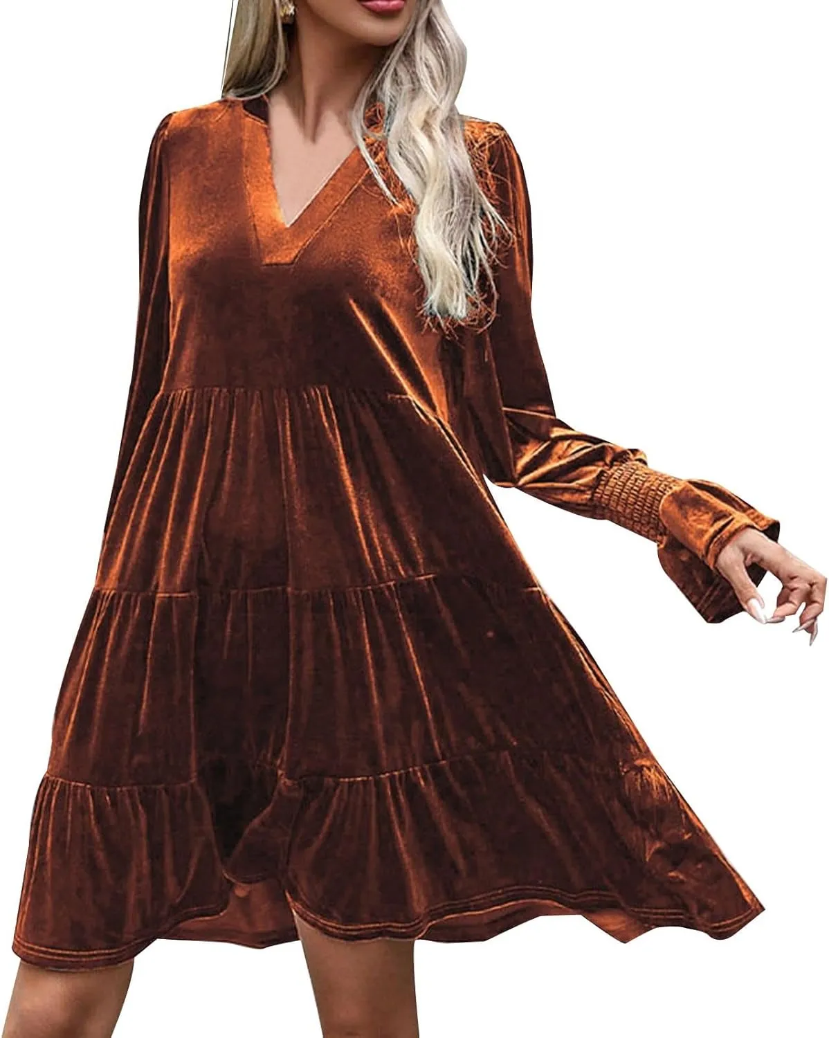 Mini Dresses for Women Women's V Neck Long Sleeve Fashion Casual A Line Ruffle Pleated Knee Length Mini Dress 2024