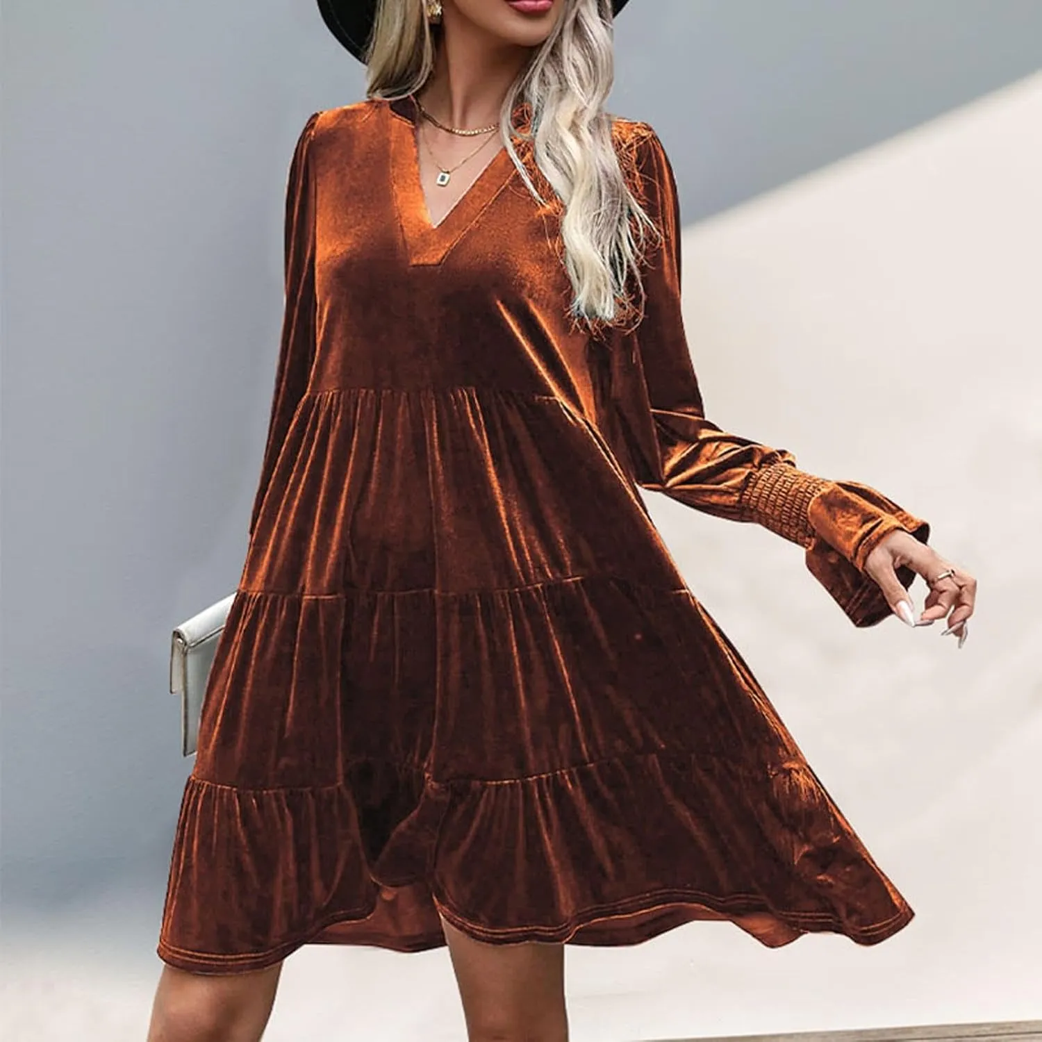 Mini Dresses for Women Women's V Neck Long Sleeve Fashion Casual A Line Ruffle Pleated Knee Length Mini Dress 2024