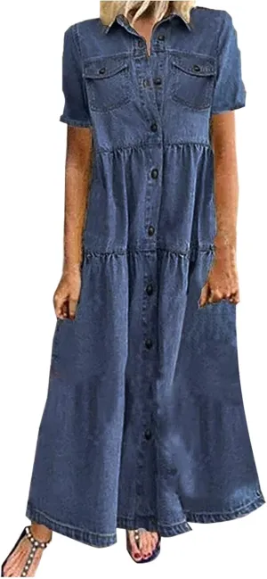 NaRHbrg Plus Size Dresses for Women Summer Denim Shirt Dress Short Sleeves Button Down Casual Maxi Dress Beach Sundress