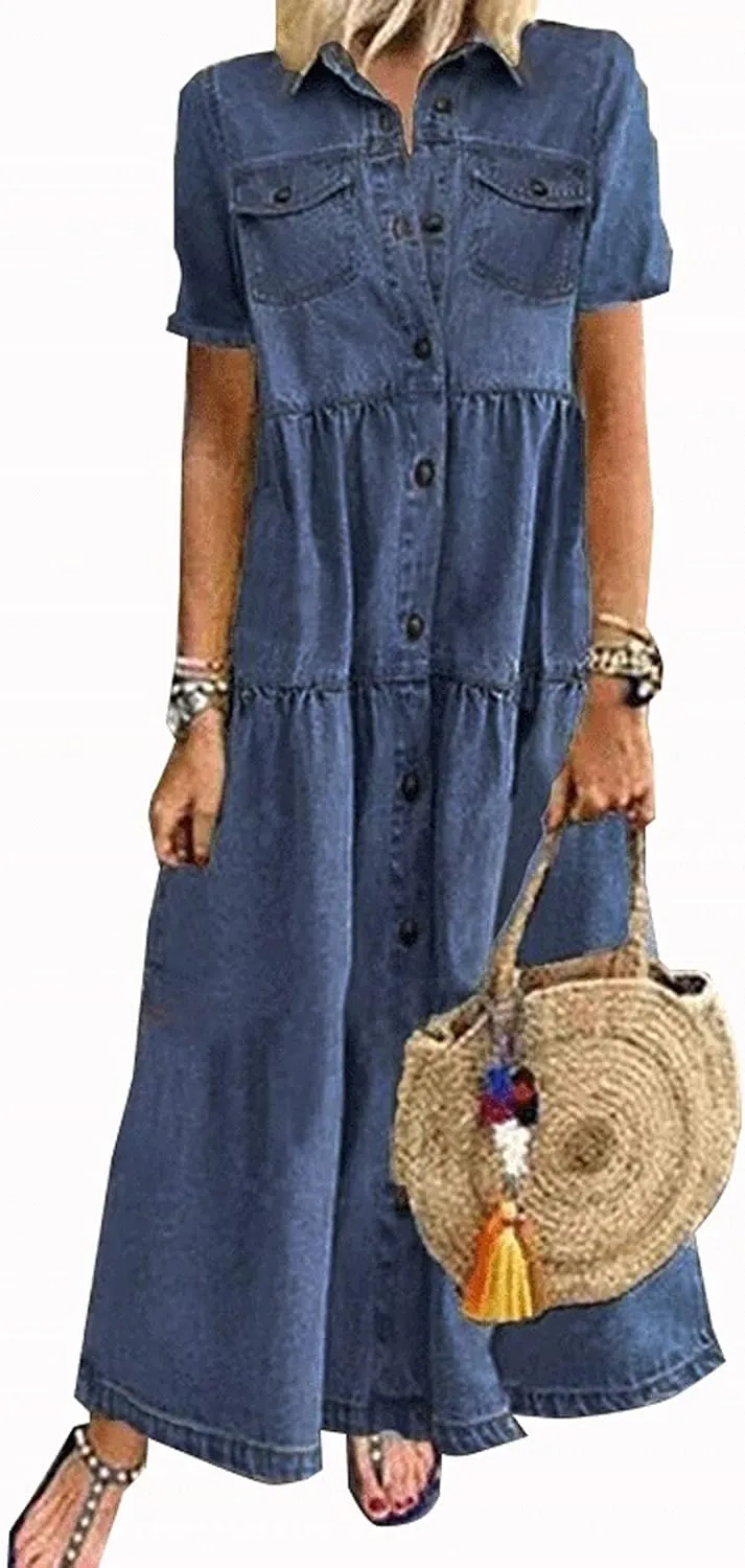 NaRHbrg Plus Size Dresses for Women Summer Denim Shirt Dress Short Sleeves Button Down Casual Maxi Dress Beach Sundress