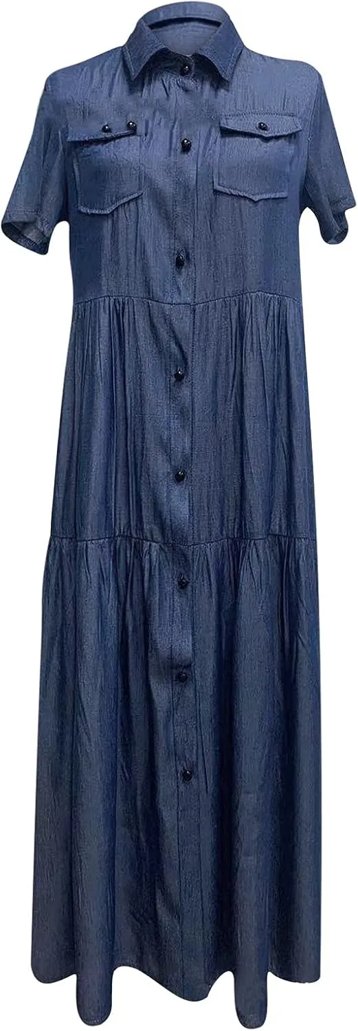 NaRHbrg Plus Size Dresses for Women Summer Denim Shirt Dress Short Sleeves Button Down Casual Maxi Dress Beach Sundress