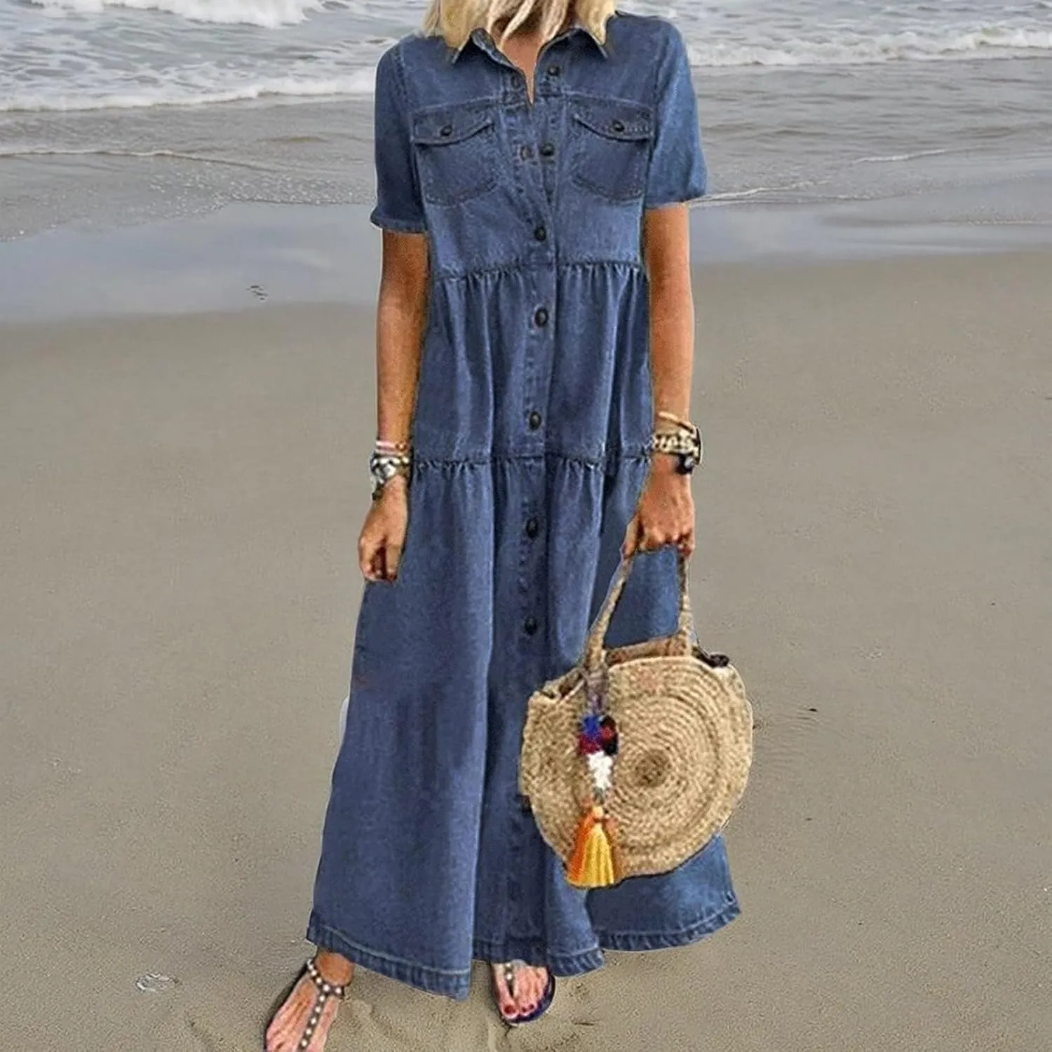 NaRHbrg Plus Size Dresses for Women Summer Denim Shirt Dress Short Sleeves Button Down Casual Maxi Dress Beach Sundress