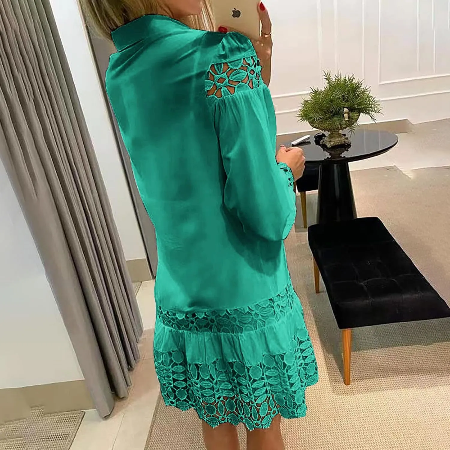 NaRHbrg Women Casual Spring Summer Dresses Long Sleeve Mini Dress Hollow Out Eyelet Embroidery Ruffle A Line Swing Dresses