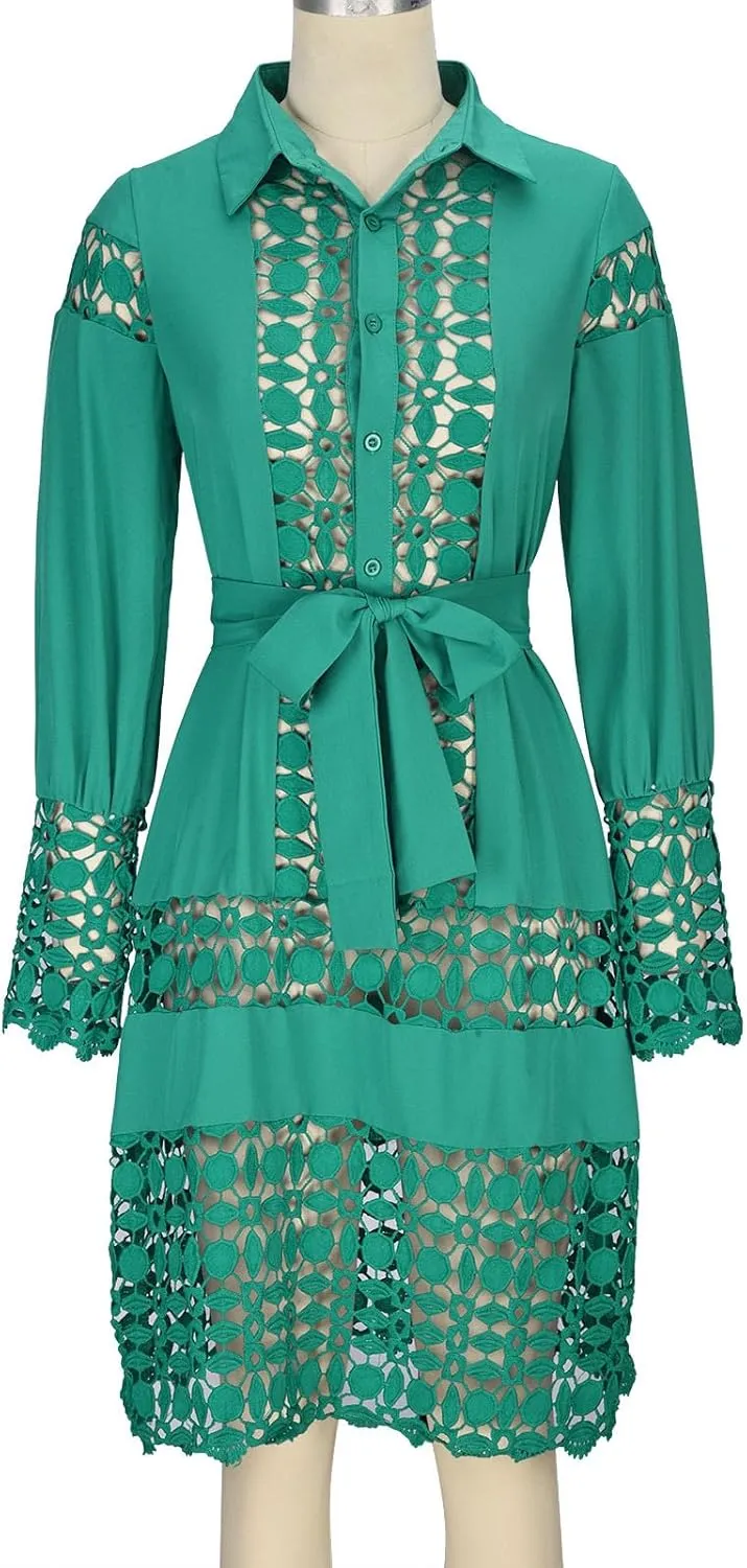 NaRHbrg Women Casual Spring Summer Dresses Long Sleeve Mini Dress Hollow Out Eyelet Embroidery Ruffle A Line Swing Dresses