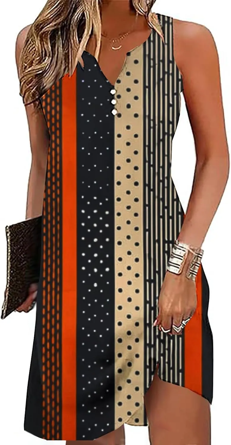 NaRHbrg Women's Boho Print Sleeveless Dress V Neck Casual Loose Fit Summer Beach Sundress Lightweight Dresses