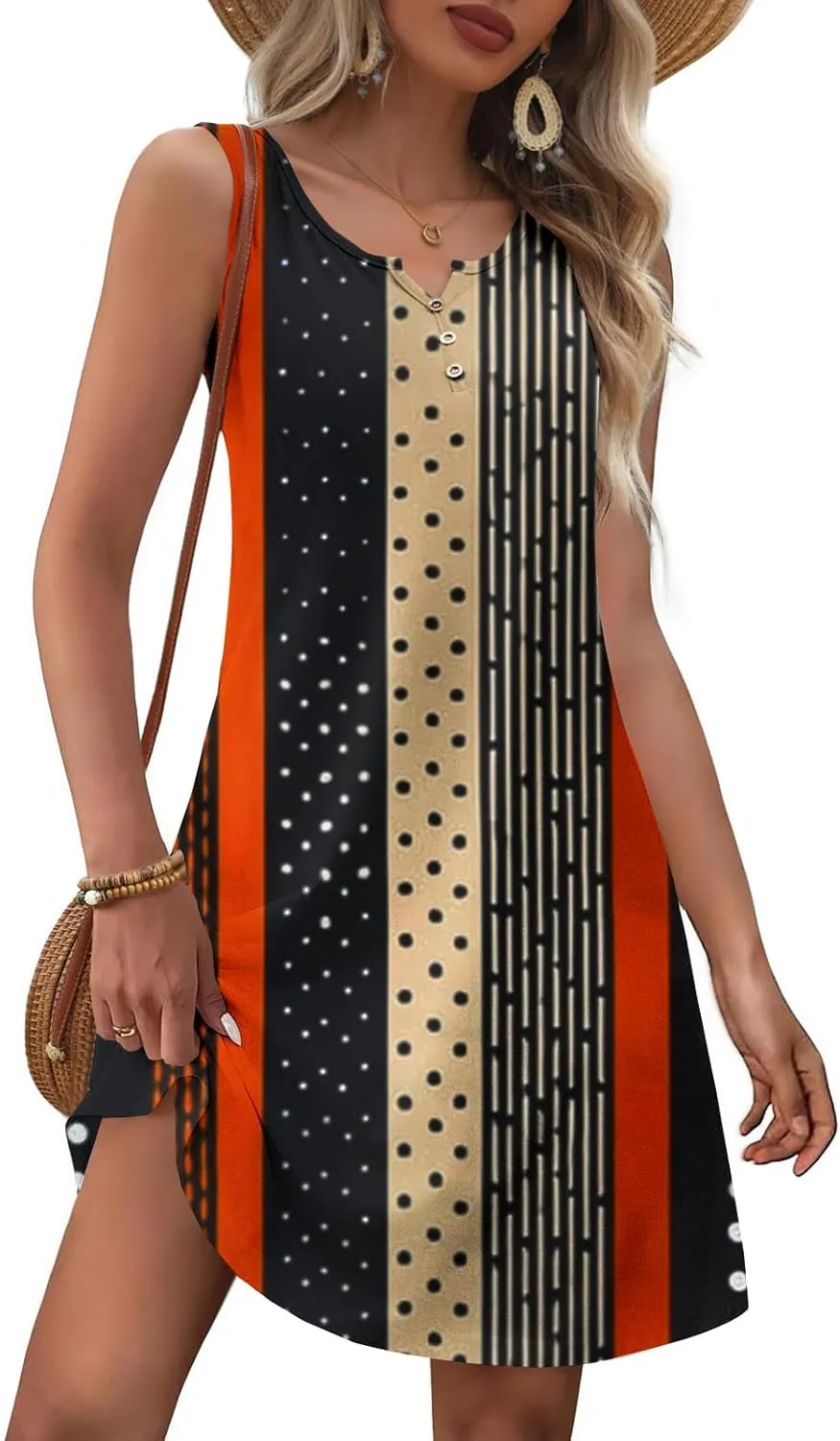 NaRHbrg Women's Boho Print Sleeveless Dress V Neck Casual Loose Fit Summer Beach Sundress Lightweight Dresses