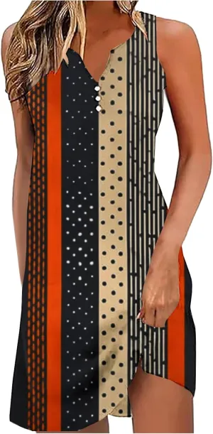 NaRHbrg Women's Boho Print Sleeveless Dress V Neck Casual Loose Fit Summer Beach Sundress Lightweight Dresses