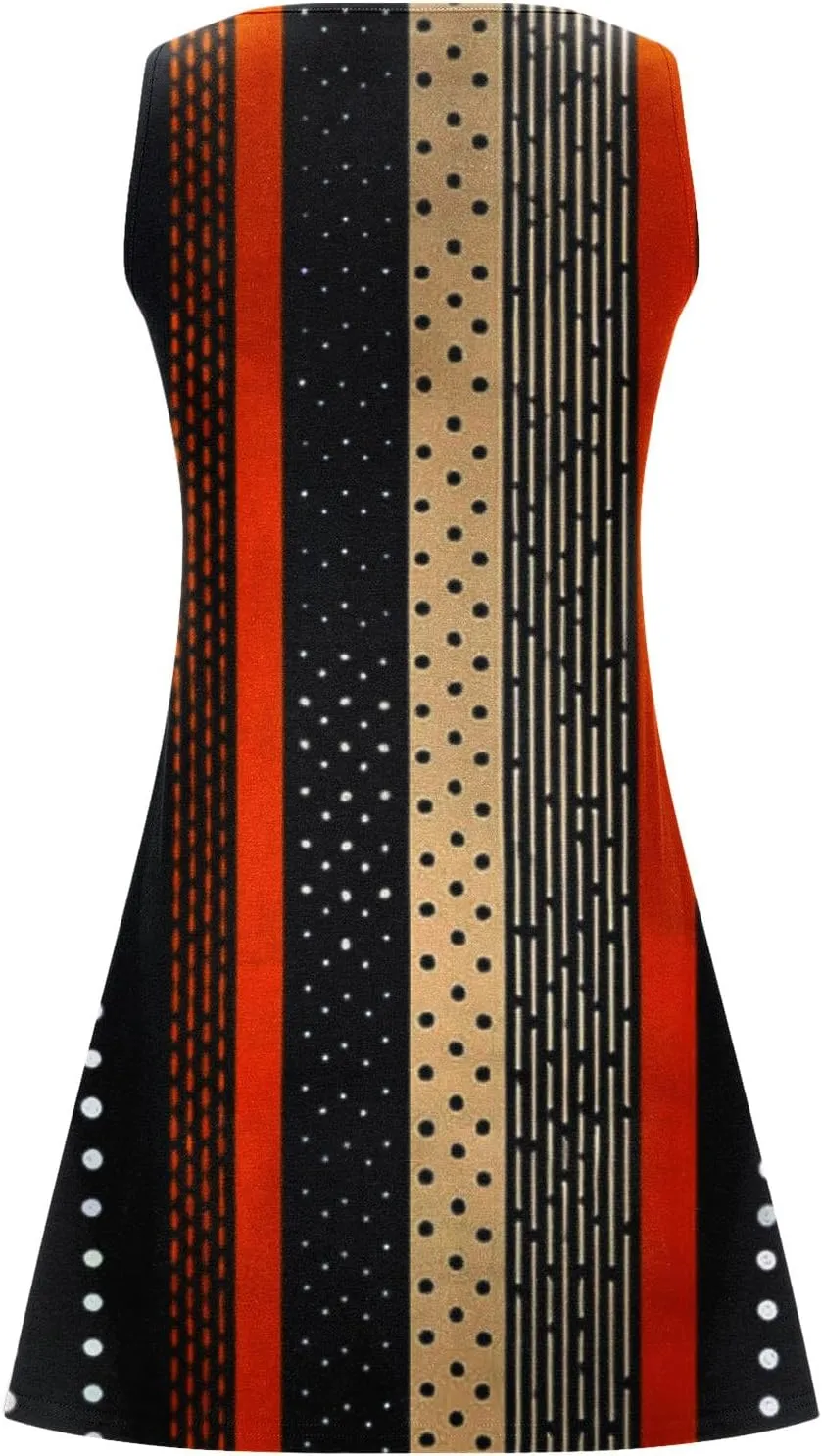 NaRHbrg Women's Boho Print Sleeveless Dress V Neck Casual Loose Fit Summer Beach Sundress Lightweight Dresses