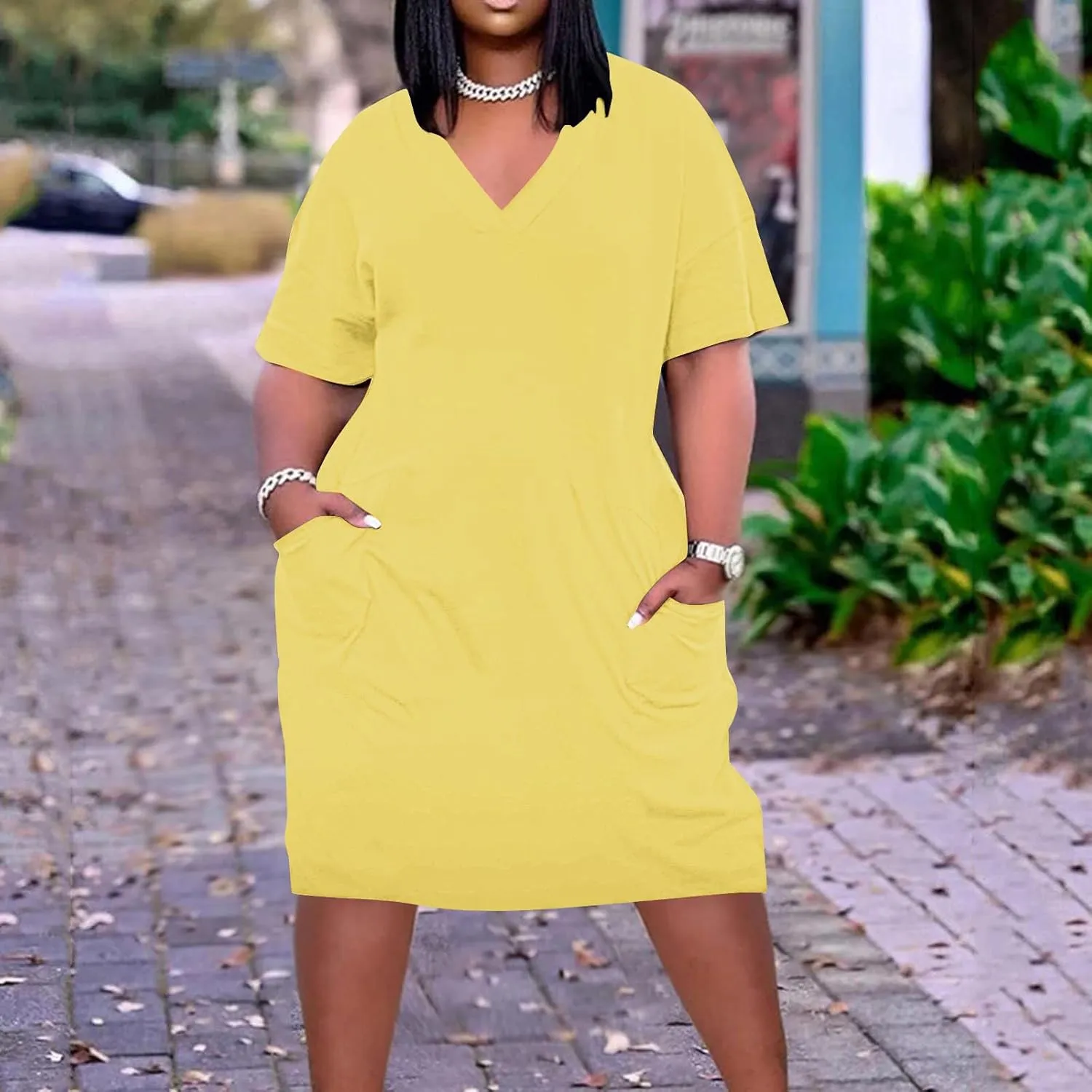NaRHbrg Women's Plus Size Casual T-Shirt Dress Loose Fit V-Neck Short Sleeve Summer Midi Dresses Sundress with Pockets