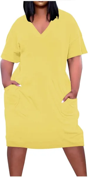 NaRHbrg Women's Plus Size Casual T-Shirt Dress Loose Fit V-Neck Short Sleeve Summer Midi Dresses Sundress with Pockets