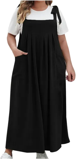 NaRHbrg Women's Plus Size Maxi Dress Loose Fit Sleeveless Casual Summer Pinafore Dresses with Pockets