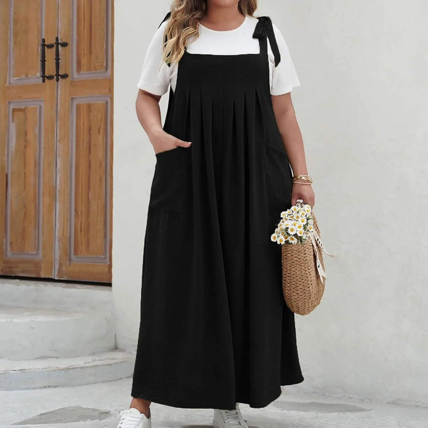 NaRHbrg Women's Plus Size Maxi Dress Loose Fit Sleeveless Casual Summer Pinafore Dresses with Pockets