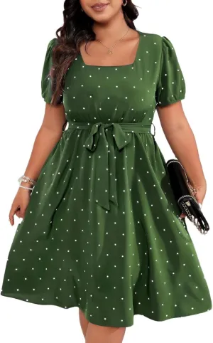 NaRHbrg Women's Plus Size Polka Dot Dress Short Puff Sleeve Square Neck A-Line Flowy Casual Dresses with Belt