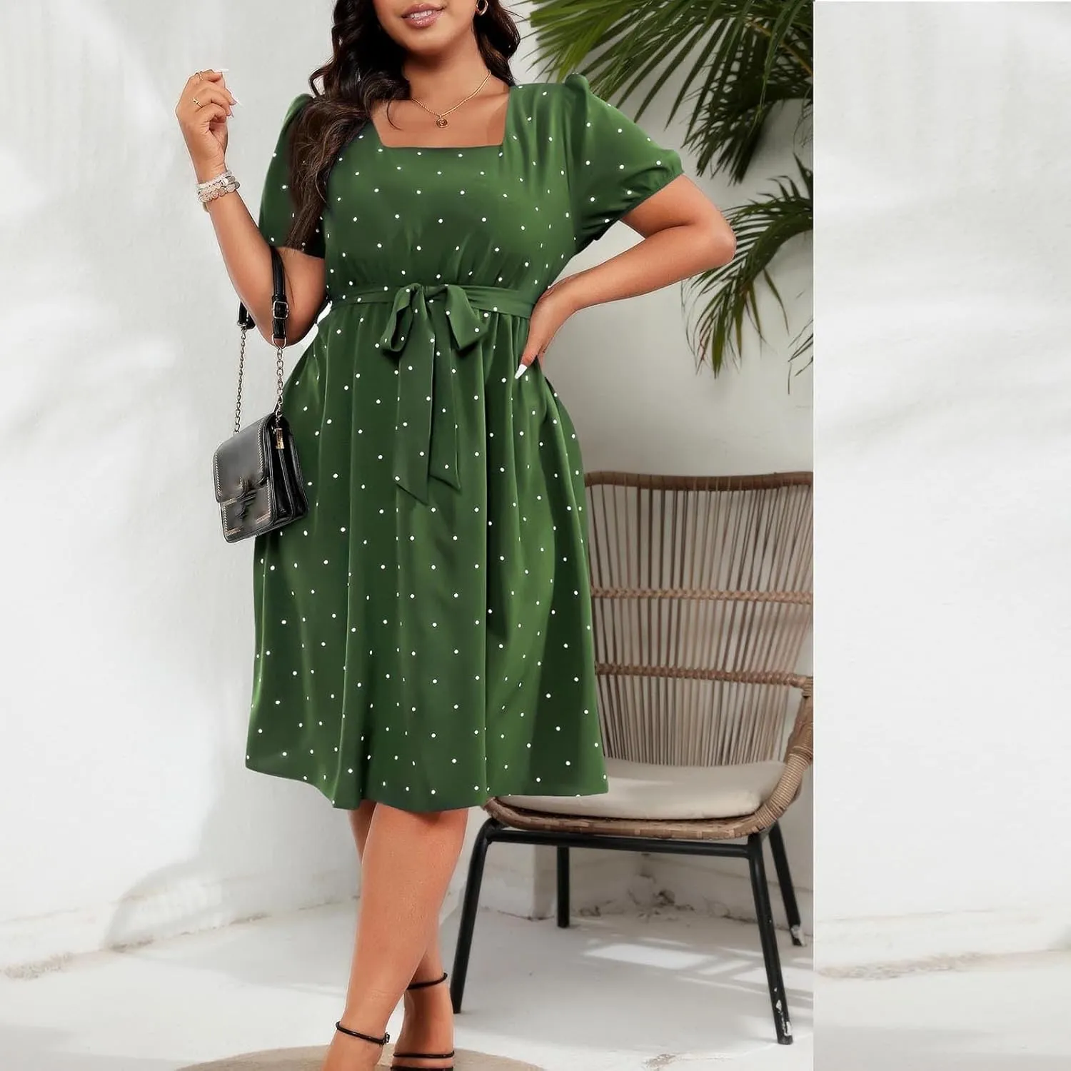 NaRHbrg Women's Plus Size Polka Dot Dress Short Puff Sleeve Square Neck A-Line Flowy Casual Dresses with Belt