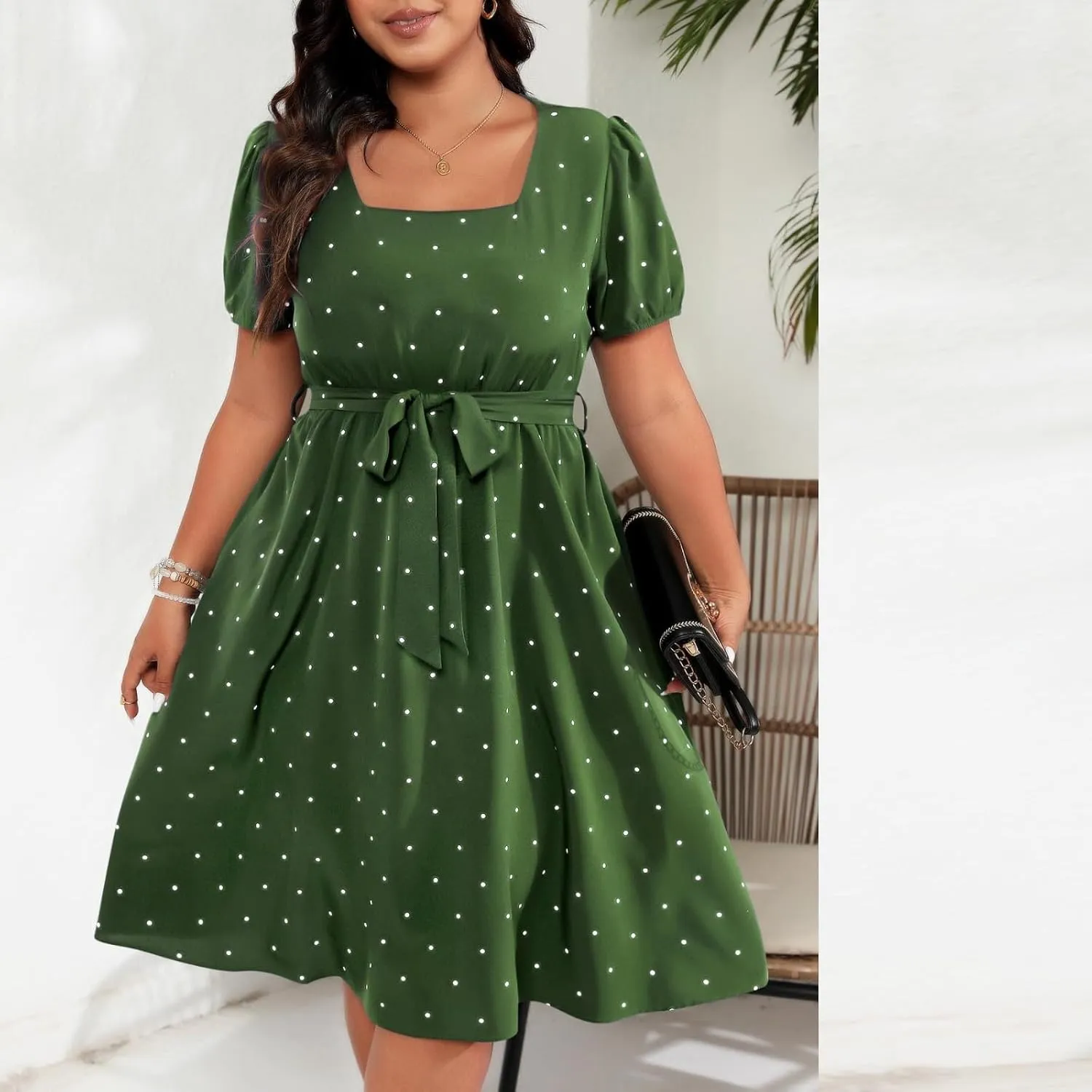 NaRHbrg Women's Plus Size Polka Dot Dress Short Puff Sleeve Square Neck A-Line Flowy Casual Dresses with Belt