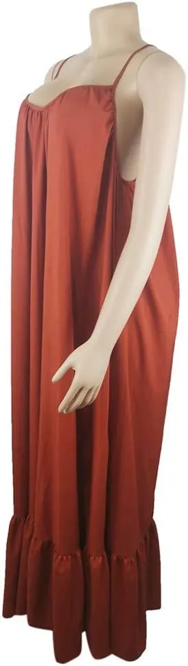 NaRHbrg Women's Spaghetti Strap Ruffle Hem Maxi Dress Loose Fit Casual Sundress Flowy Summer Beach Dresses