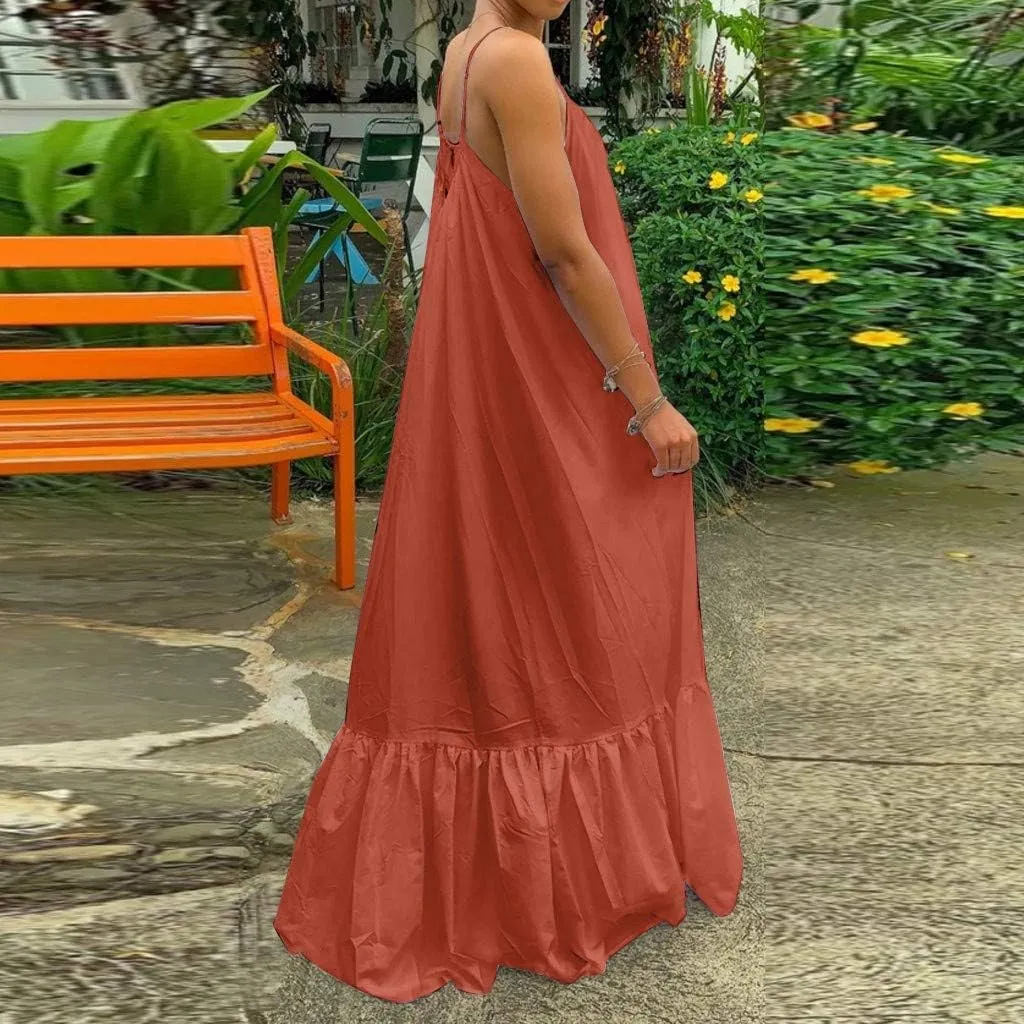 NaRHbrg Women's Spaghetti Strap Ruffle Hem Maxi Dress Loose Fit Casual Sundress Flowy Summer Beach Dresses