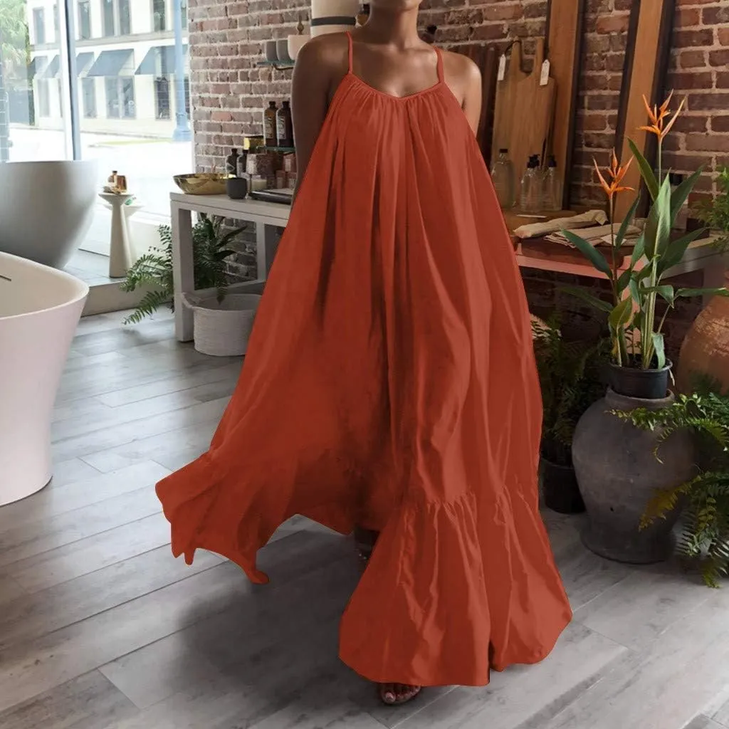 NaRHbrg Women's Spaghetti Strap Ruffle Hem Maxi Dress Loose Fit Casual Sundress Flowy Summer Beach Dresses