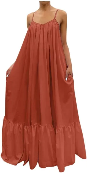 NaRHbrg Women's Spaghetti Strap Ruffle Hem Maxi Dress Loose Fit Casual Sundress Flowy Summer Beach Dresses