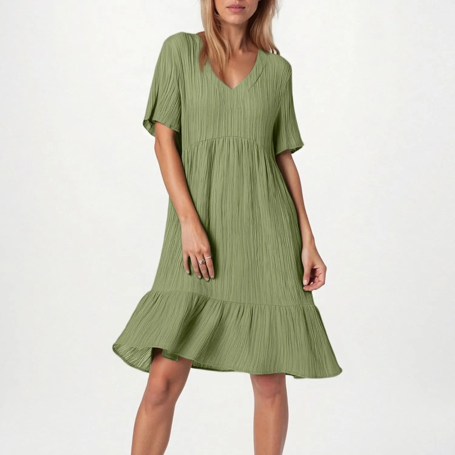 NBXNZWF Summer Dresses for Women 2025 Short Sleeve V Neck Ruffle Flowy Mini Dress Pleated Beach Vacation T Shirt Sundress