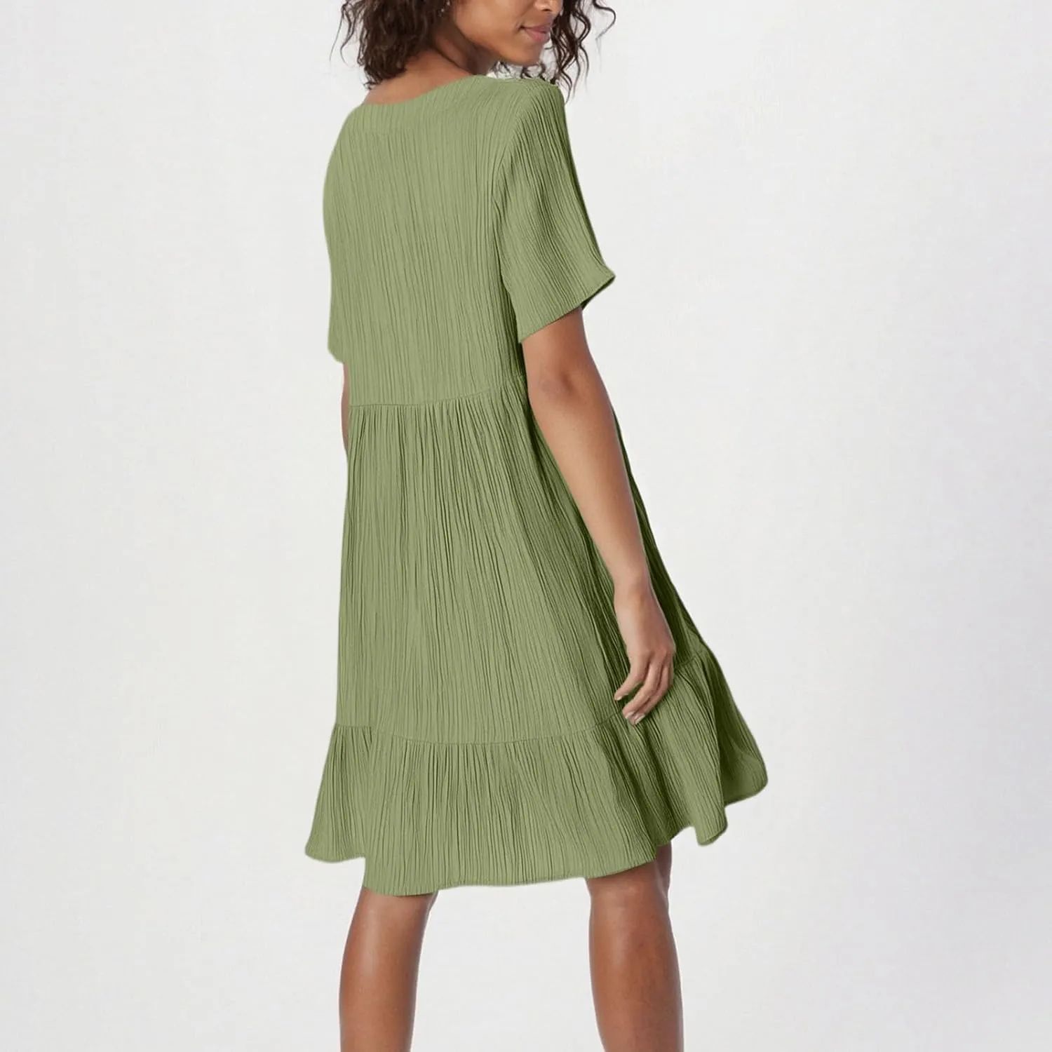 NBXNZWF Summer Dresses for Women 2025 Short Sleeve V Neck Ruffle Flowy Mini Dress Pleated Beach Vacation T Shirt Sundress