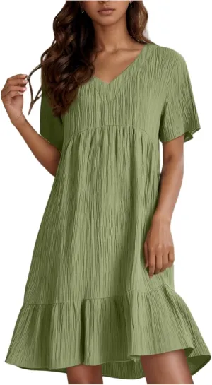NBXNZWF Summer Dresses for Women 2025 Short Sleeve V Neck Ruffle Flowy Mini Dress Pleated Beach Vacation T Shirt Sundress