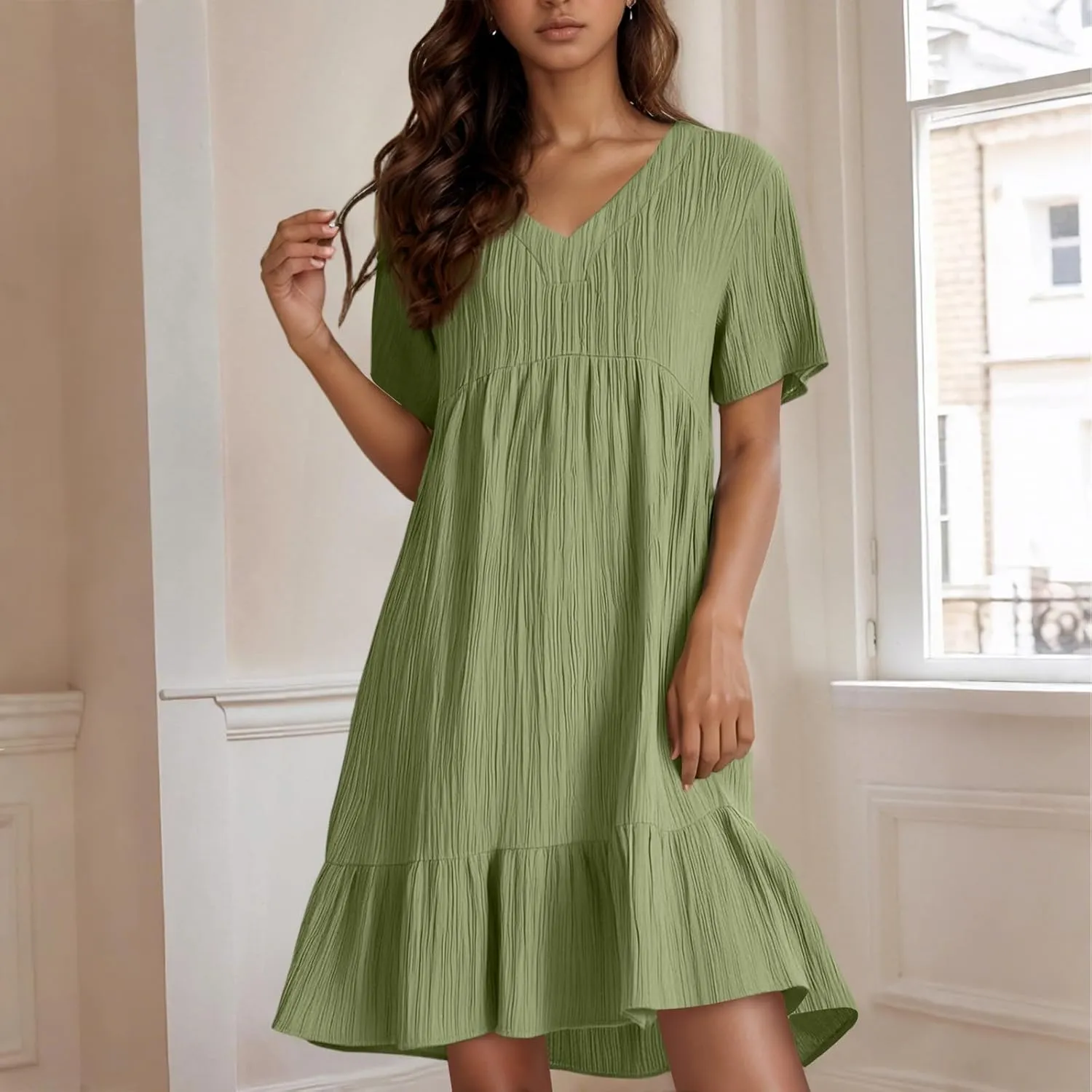 NBXNZWF Summer Dresses for Women 2025 Short Sleeve V Neck Ruffle Flowy Mini Dress Pleated Beach Vacation T Shirt Sundress