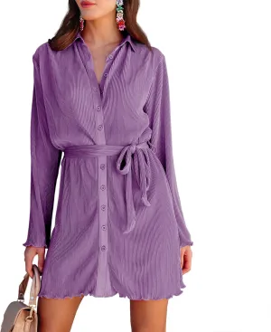 Neufigr Shirt Dresses for Women Summer Dresses Vneck Long Sleeve Mini Button Down Dress Casual Ruffle Tunic Tops with Belt