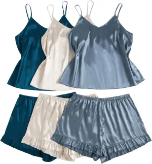 OYOANGLE Women's Plus Size 6 Pieces Silk Satin Pajama Sets Cami Top and Ruffle Shorts Pjs V Neck Sleepwear