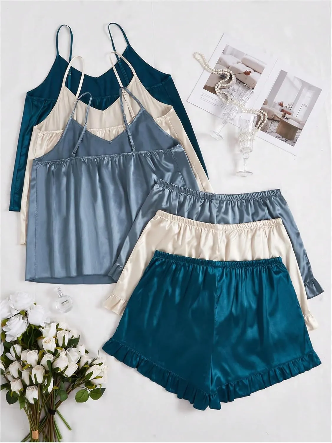 OYOANGLE Women's Plus Size 6 Pieces Silk Satin Pajama Sets Cami Top and Ruffle Shorts Pjs V Neck Sleepwear