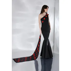 Ozeqo Alizeh Trail Black One Shoulder Evening Gown (Set of 2)
